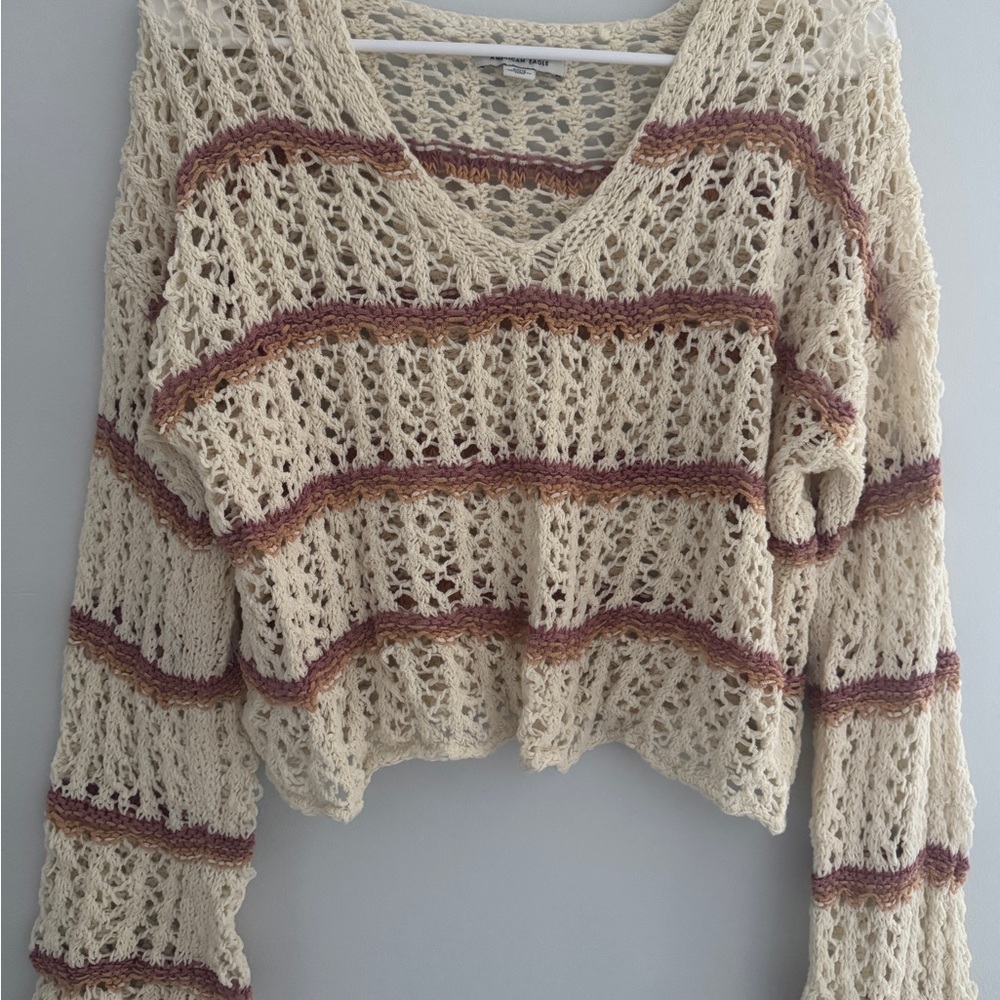 American Eagle Outfitters Cream and Blush V-Neck Crochet Sweater